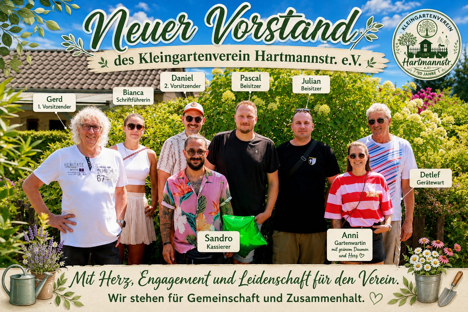Der Vorstand des Kleingartenvereins Hartmannstraße zusammen mit Gartenwartin Anni und Gerätewart Detlef